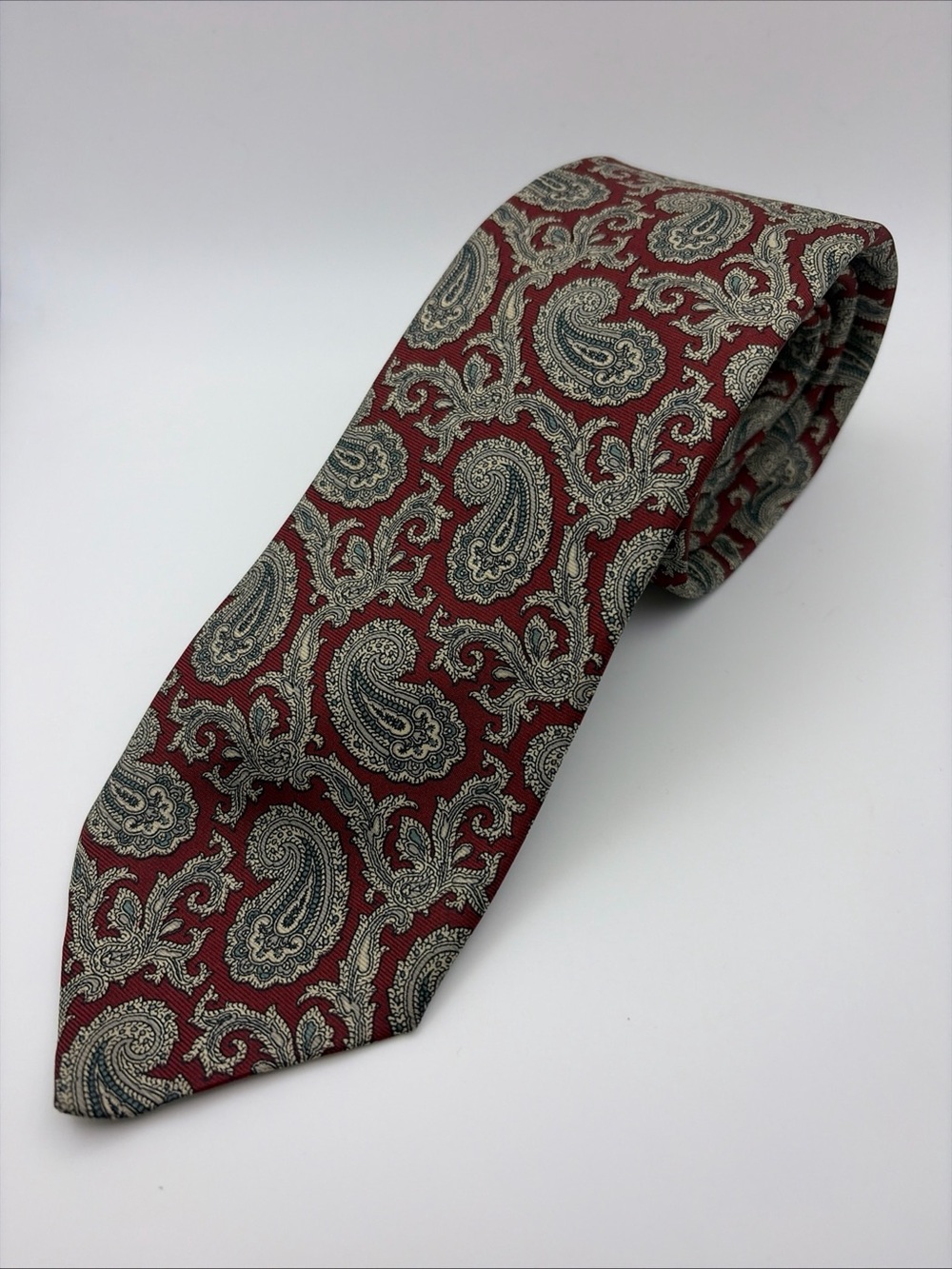 Robert Talbott Burgundy Paisley Silk Tie with Cream and Gray Accents